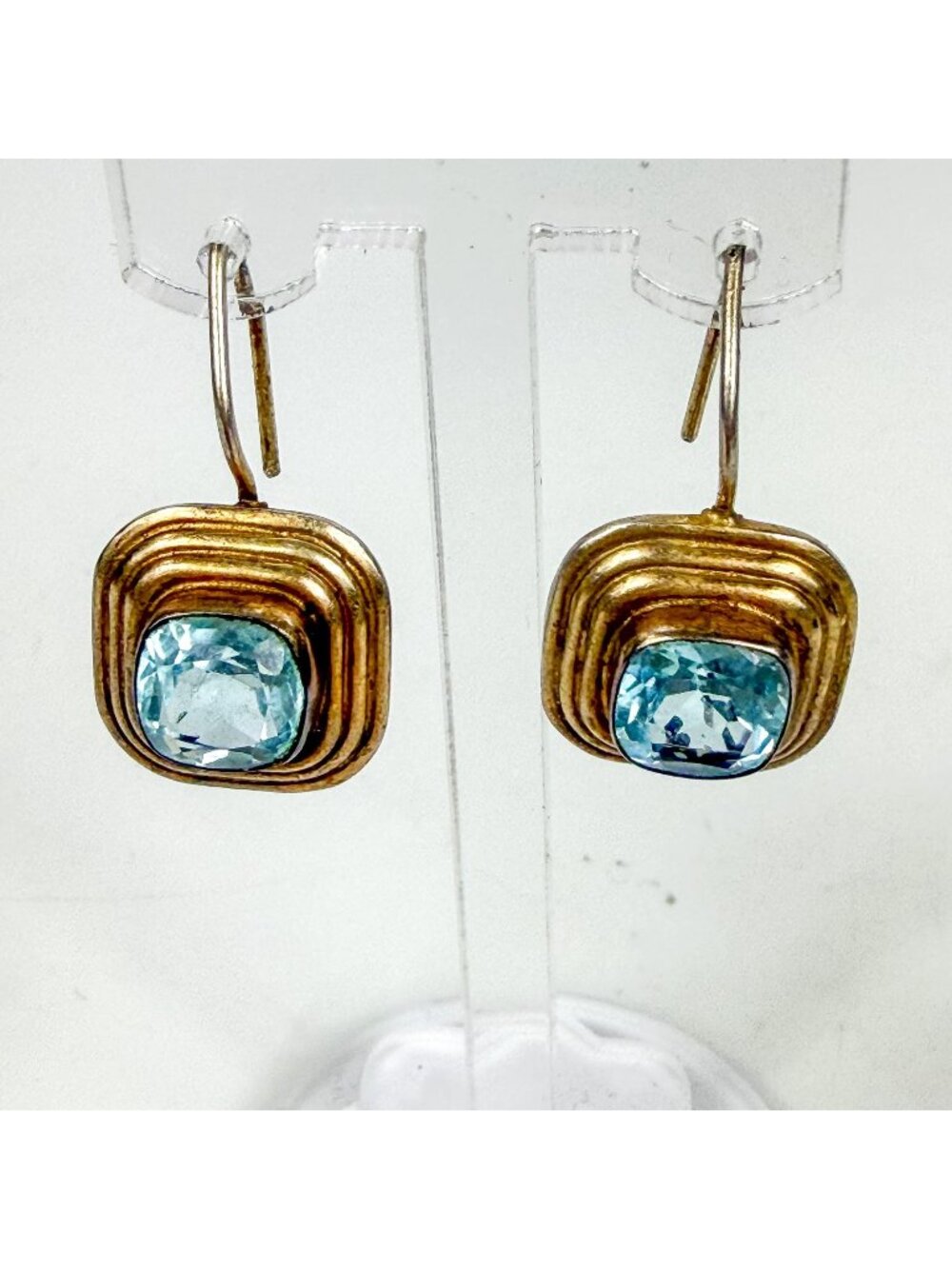 Princess Cut Sky Blue Topaz Layered Sterling Silver Vermeil Dangle Earrings